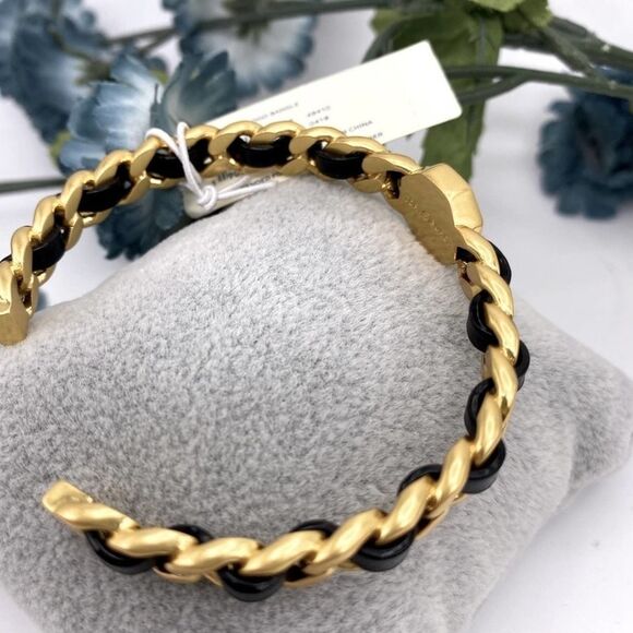 NWT Tory Burch Gold Logo,Black Leather Braided cuff Bracelet - Picture 6 of 9
